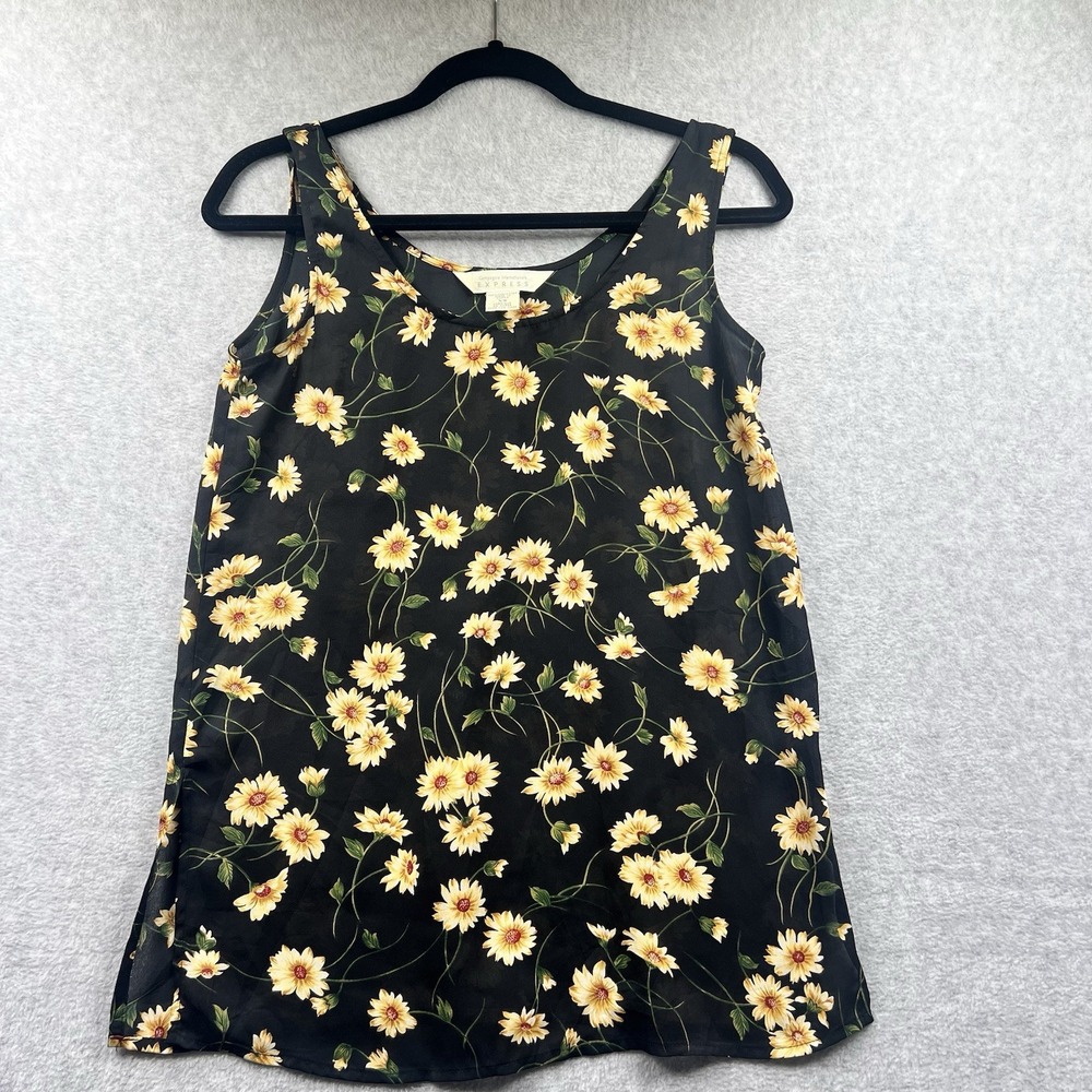 Vintage Express XS 90 Y2K Daisy Floral Tank Top Black Chiffon Sleeveless